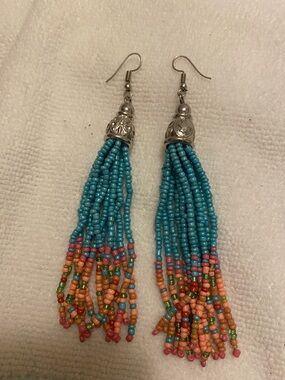 Turquoise Multicolor Beaded Tassel Earrings
